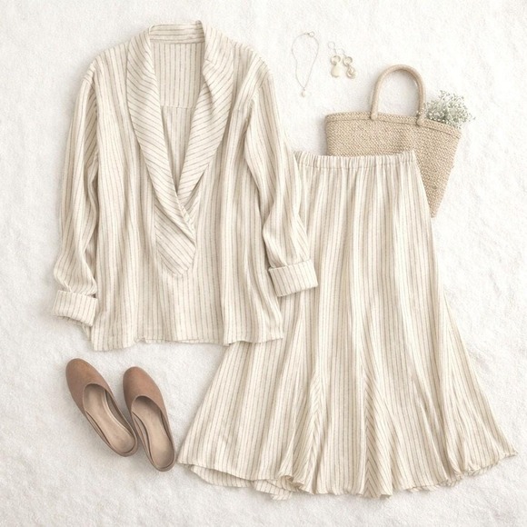 Janis Chicago Dresses & Skirts - Vintage 80s Cotton Blend Midi Skirt Set M Cream Stripe Draped Collar Top Coastal